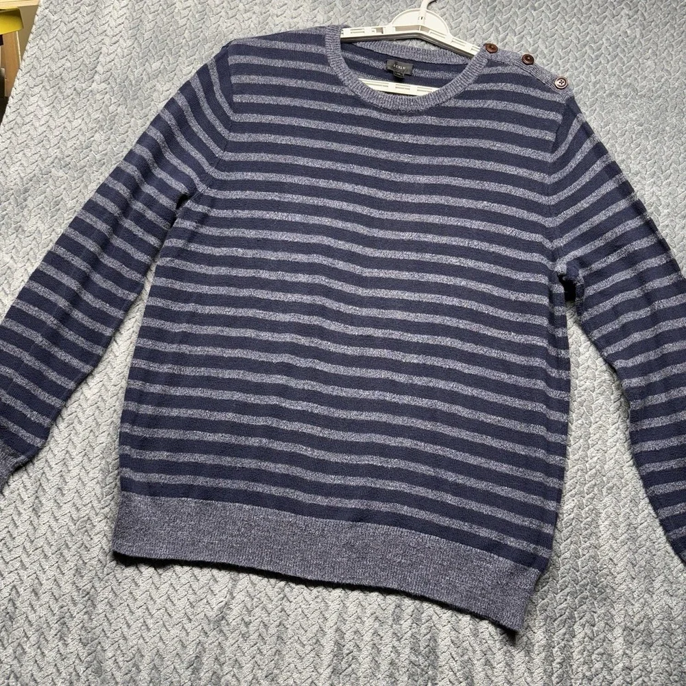 J.Crew Men's XL Sweater Striped Button‎ Shoulder Navy Gray 100% Cotton Soft